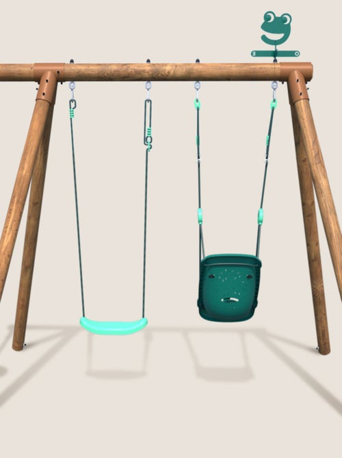Portique en bois rond 3 agrès avec balançoire bébé et corde disque TIAGO - Kiabi