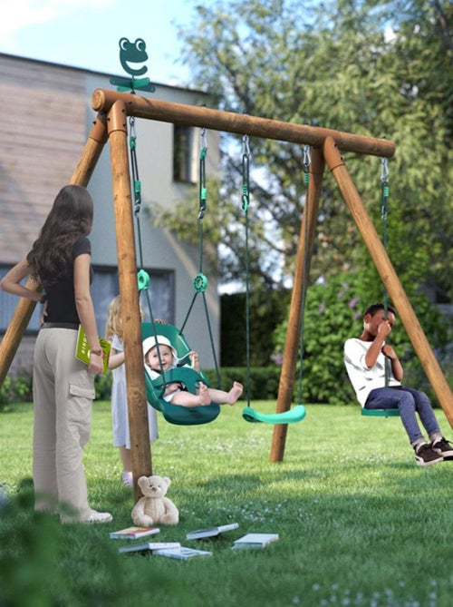 Portique en bois rond 3 agrès avec balançoire bébé et corde disque TIAGO - Kiabi