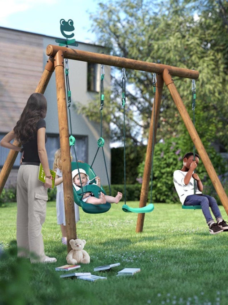 Portique en bois rond 3 agrès avec balançoire bébé et corde disque TIAGO Marron - Kiabi