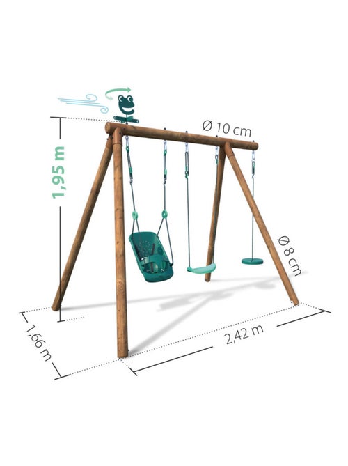 Portique en bois rond 3 agrès avec balançoire bébé et corde disque TIAGO - Kiabi
