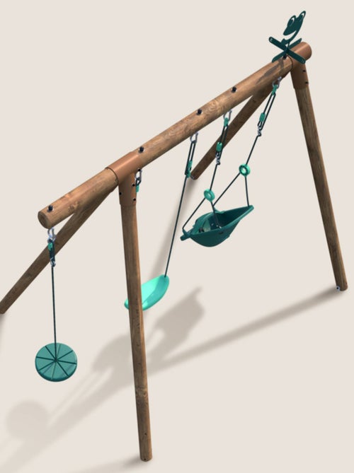 Portique en bois rond 3 agrès avec balançoire bébé et corde disque TIAGO - Kiabi
