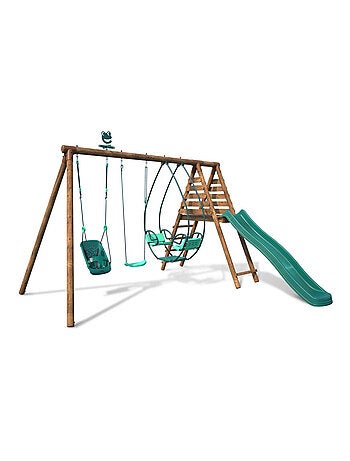 Portique en bois rond 3 agrès avec balançoire bébé et toboggan COLZA