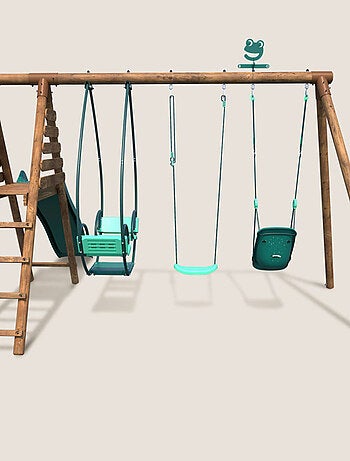 Portique en bois rond 3 agrès avec balançoire bébé et toboggan COLZA