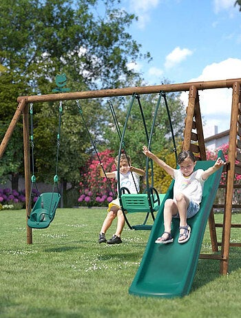 Portique en bois rond 3 agrès avec balançoire bébé et toboggan COLZA