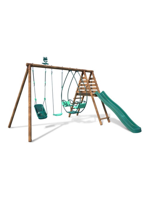 Portique en bois rond 3 agrès avec balançoire bébé et toboggan COLZA - Kiabi
