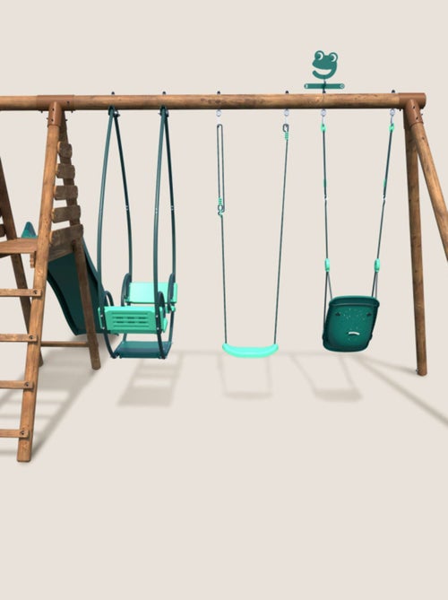 Portique en bois rond 3 agrès avec balançoire bébé et toboggan COLZA - Kiabi