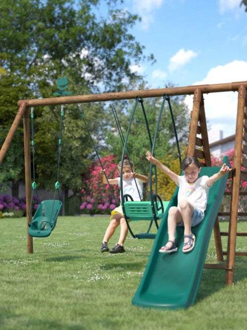 Portique en bois rond 3 agrès avec balançoire bébé et toboggan COLZA - Kiabi
