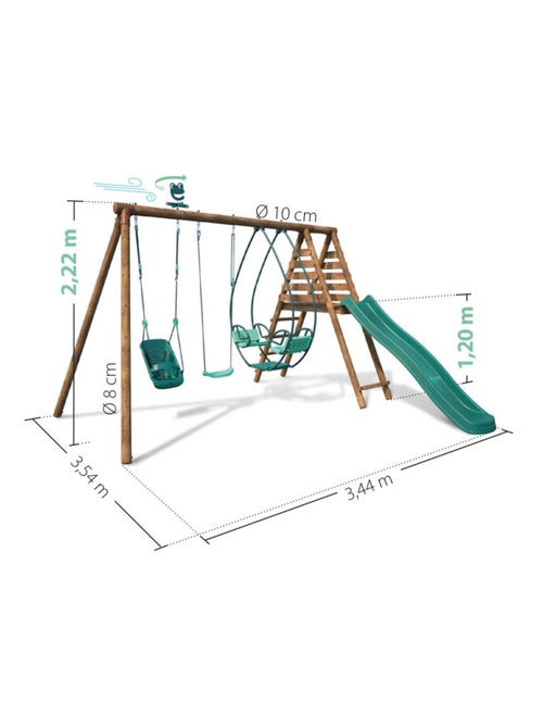 Portique en bois rond 3 agrès avec balançoire bébé et toboggan COLZA - Kiabi