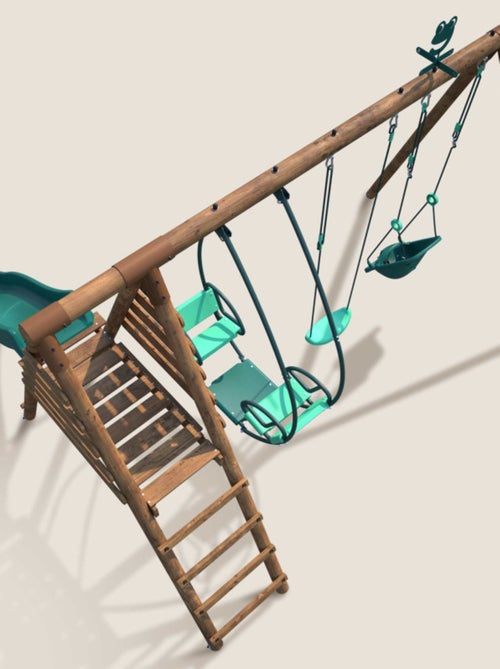 Portique en bois rond 3 agrès avec balançoire bébé et toboggan COLZA - Kiabi