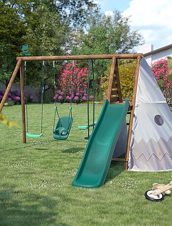 Portique en bois rond 3 agrès avec balançoire bébé, tipi et toboggan CAMELIA