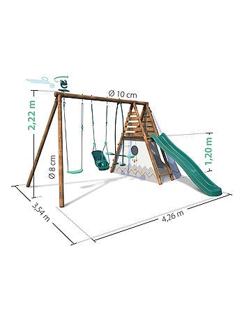 Portique en bois rond 3 agrès avec balançoire bébé, tipi et toboggan CAMELIA