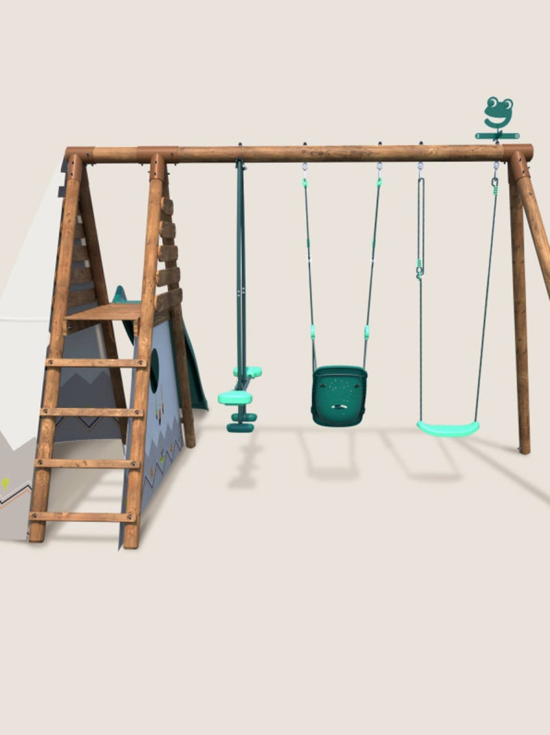 Portique en bois rond 3 agrès avec balançoire bébé, tipi et toboggan CAMELIA Marron - Kiabi