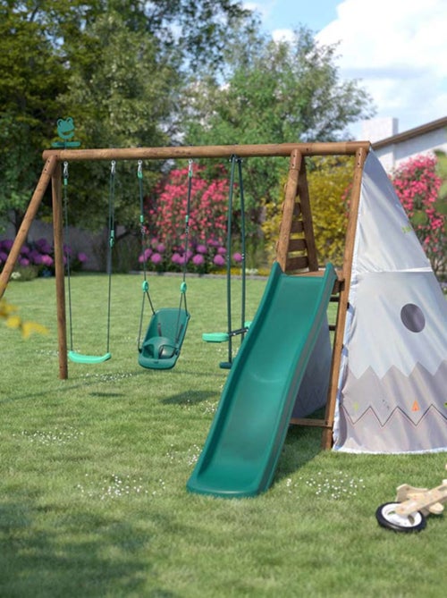 Portique en bois rond 3 agrès avec balançoire bébé, tipi et toboggan CAMELIA - Kiabi