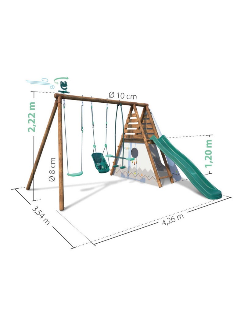 Portique en bois rond 3 agrès avec balançoire bébé, tipi et toboggan CAMELIA Marron - Kiabi