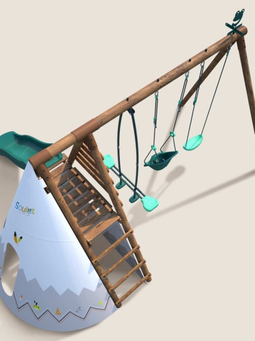 Portique en bois rond 3 agrès avec balançoire bébé, tipi et toboggan CAMELIA - Kiabi