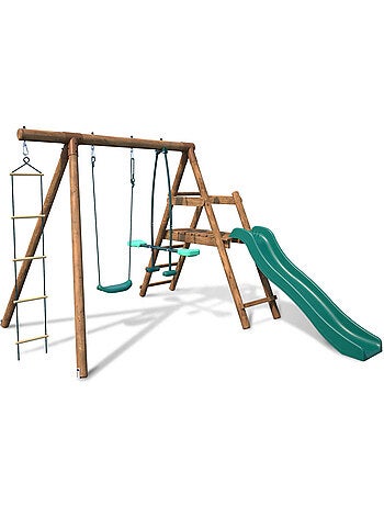 Portique en bois rond 3 agrès avec face à face, échelle et toboggan bas MÛRIER