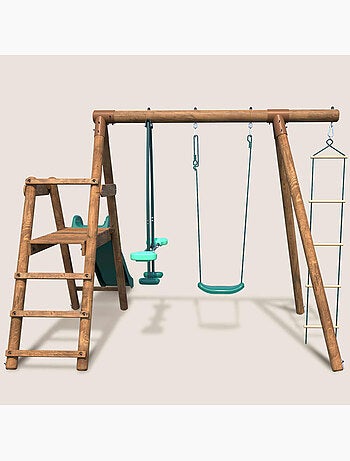 Portique en bois rond 3 agrès avec face à face, échelle et toboggan bas MÛRIER
