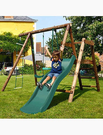 Portique en bois rond 3 agrès avec face à face, échelle et toboggan bas MÛRIER