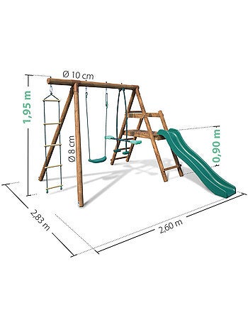 Portique en bois rond 3 agrès avec face à face, échelle et toboggan bas MÛRIER