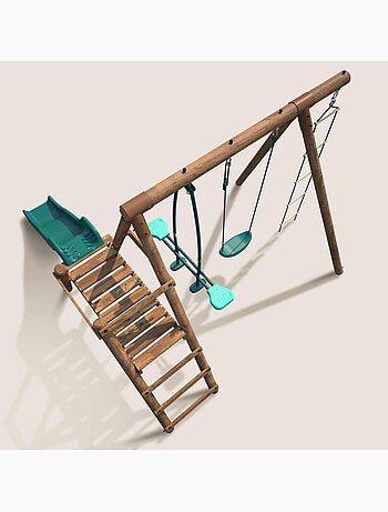 Portique en bois rond 3 agrès avec face à face, échelle et toboggan bas MÛRIER
