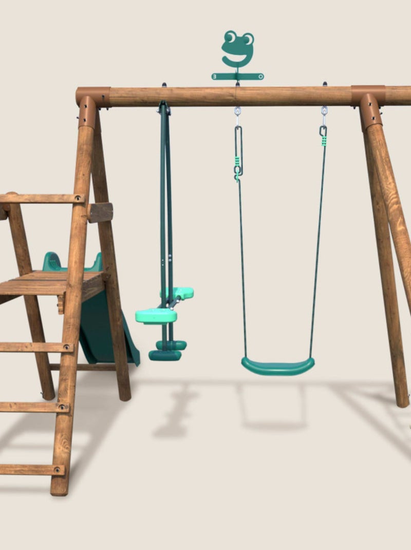 Portique en bois rond 3 agrès avec face à face, échelle et toboggan bas MÛRIER Marron - Kiabi