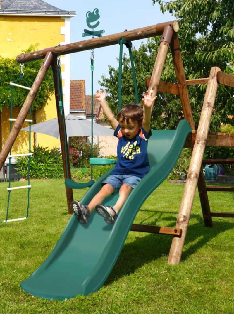 Portique en bois rond 3 agrès avec face à face, échelle et toboggan bas MÛRIER Marron - Kiabi