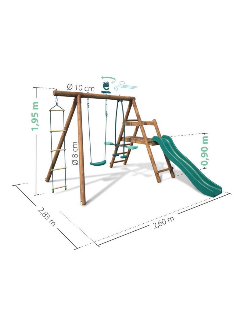 Portique en bois rond 3 agrès avec face à face, échelle et toboggan bas MÛRIER Marron - Kiabi