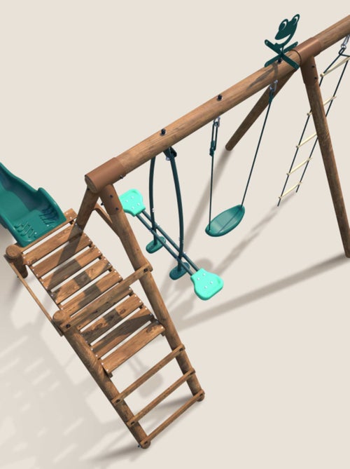 Portique en bois rond 3 agrès avec face à face, échelle et toboggan bas MÛRIER - Kiabi