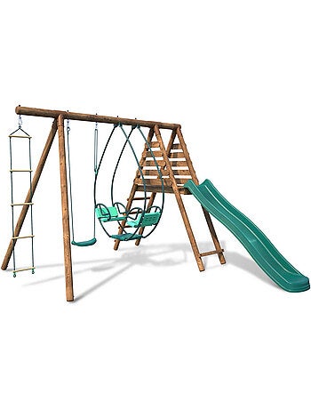 Portique en bois rond 3 agrès avec face à face, échelle et toboggan LAVANDE