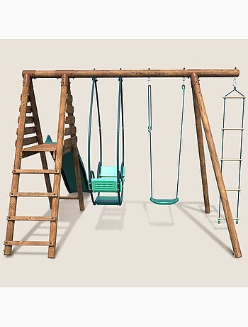 Portique en bois rond 3 agrès avec face à face, échelle et toboggan LAVANDE