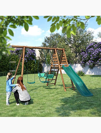 Portique en bois rond 3 agrès avec face à face, échelle et toboggan LAVANDE