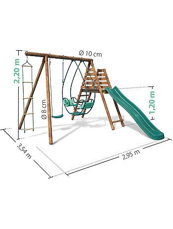 Portique en bois rond 3 agrès avec face à face, échelle et toboggan LAVANDE
