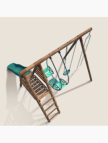 Portique en bois rond 3 agrès avec face à face, échelle et toboggan LAVANDE