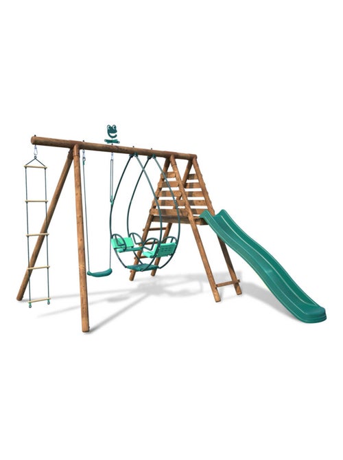 Portique en bois rond 3 agrès avec face à face, échelle et toboggan LAVANDE - Kiabi