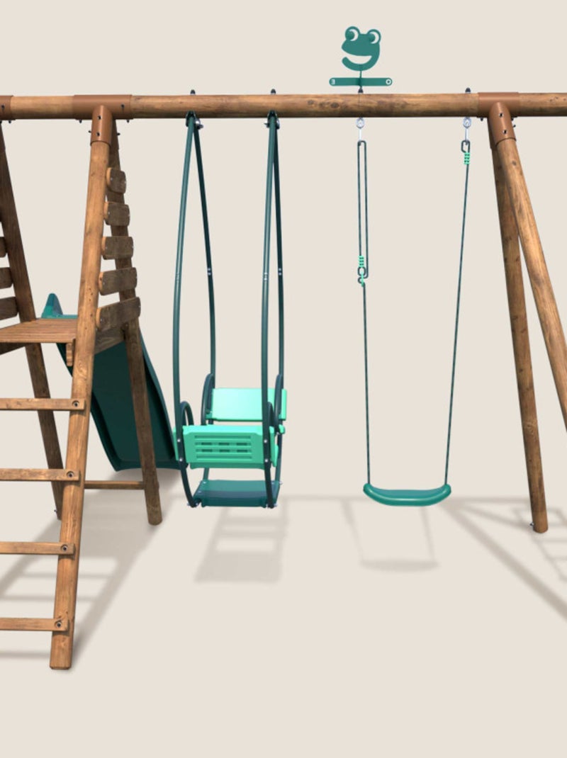 Portique en bois rond 3 agrès avec face à face, échelle et toboggan LAVANDE Marron - Kiabi