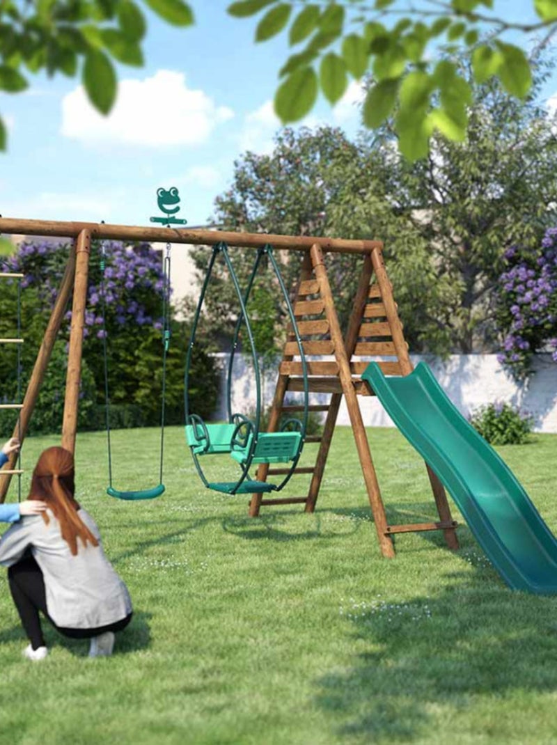 Portique en bois rond 3 agrès avec face à face, échelle et toboggan LAVANDE Marron - Kiabi