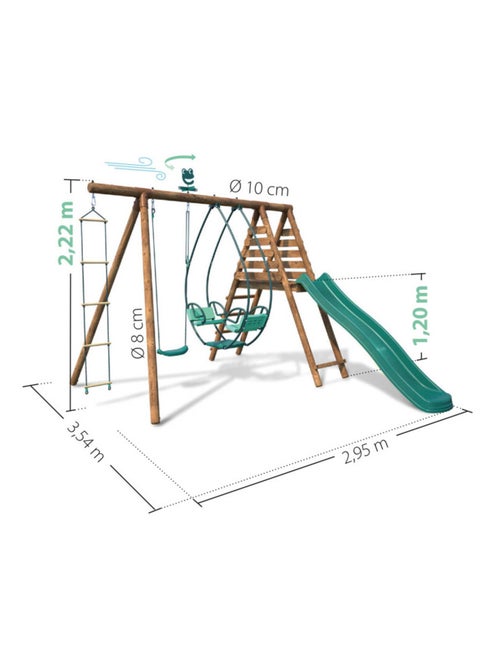 Portique en bois rond 3 agrès avec face à face, échelle et toboggan LAVANDE - Kiabi