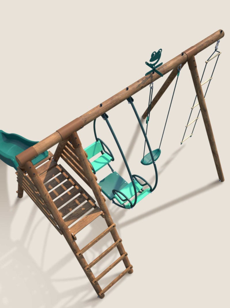Portique en bois rond 3 agrès avec face à face, échelle et toboggan LAVANDE Marron - Kiabi