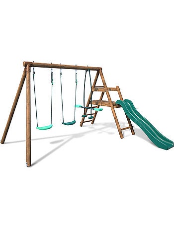 Portique en bois rond 3 agrès avec face à face et toboggan bas FIGUE