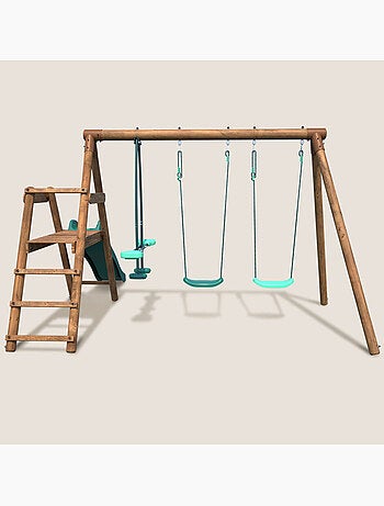 Portique en bois rond 3 agrès avec face à face et toboggan bas FIGUE