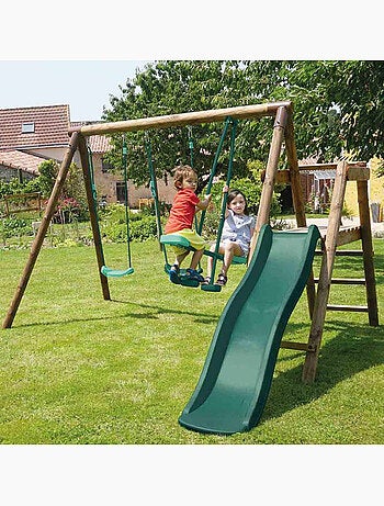 Portique en bois rond 3 agrès avec face à face et toboggan bas FIGUE