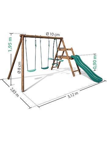 Portique en bois rond 3 agrès avec face à face et toboggan bas FIGUE