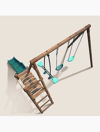 Portique en bois rond 3 agrès avec face à face et toboggan bas FIGUE