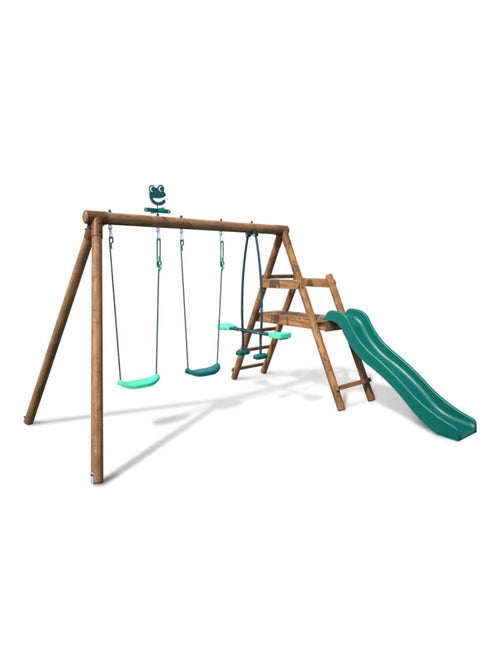 Portique en bois rond 3 agrès avec face à face et toboggan bas FIGUE - Kiabi