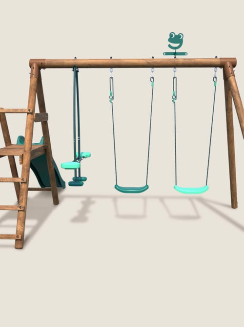 Portique en bois rond 3 agrès avec face à face et toboggan bas FIGUE - Kiabi