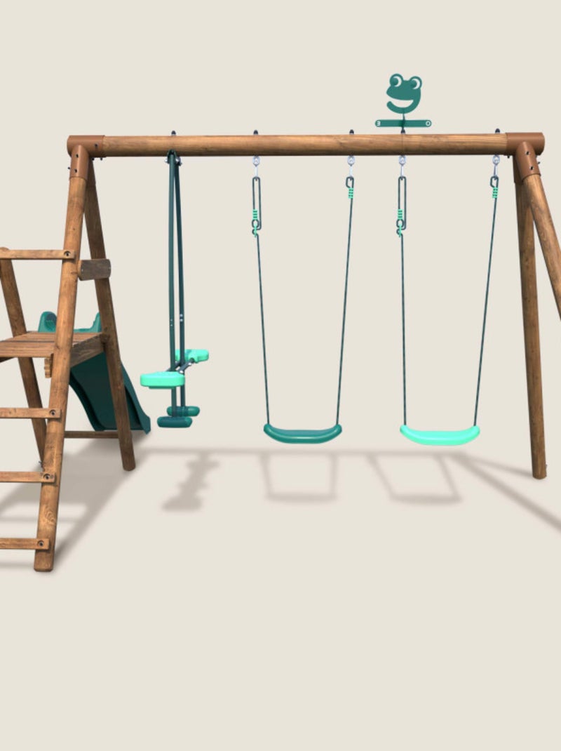 Portique en bois rond 3 agrès avec face à face et toboggan bas FIGUE Marron - Kiabi