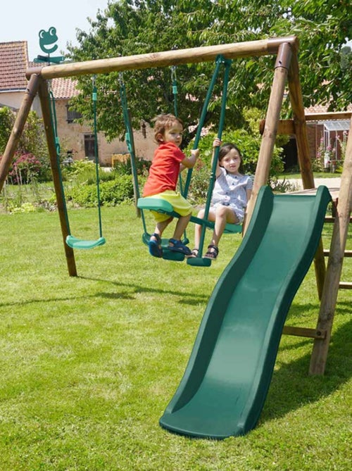Portique en bois rond 3 agrès avec face à face et toboggan bas FIGUE - Kiabi
