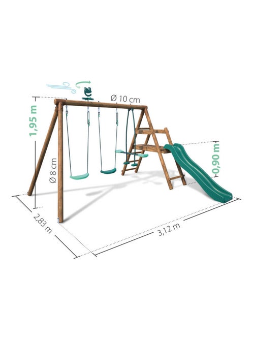 Portique en bois rond 3 agrès avec face à face et toboggan bas FIGUE - Kiabi