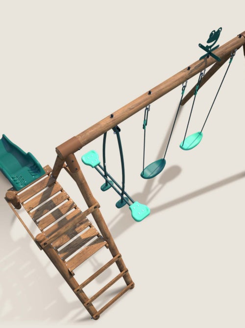 Portique en bois rond 3 agrès avec face à face et toboggan bas FIGUE - Kiabi