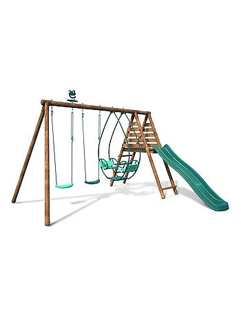 Portique en bois rond 3 agrès avec face à face et toboggan NARCISSE